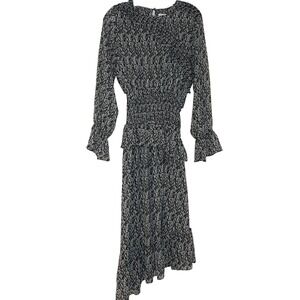 MISA Los Angeles Black White Animal Print Smocked Ruffle Midi Dress Medium
